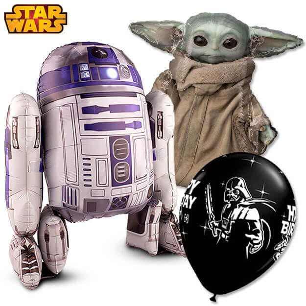 Star Wars themed balloons of R2-D2 Darth Vader and Grogu